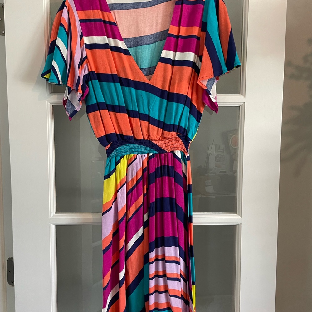 Trina Turk Catch A Wave Swimsuit Cover Up Dress Rainbow Striped Small NO SZ TAG